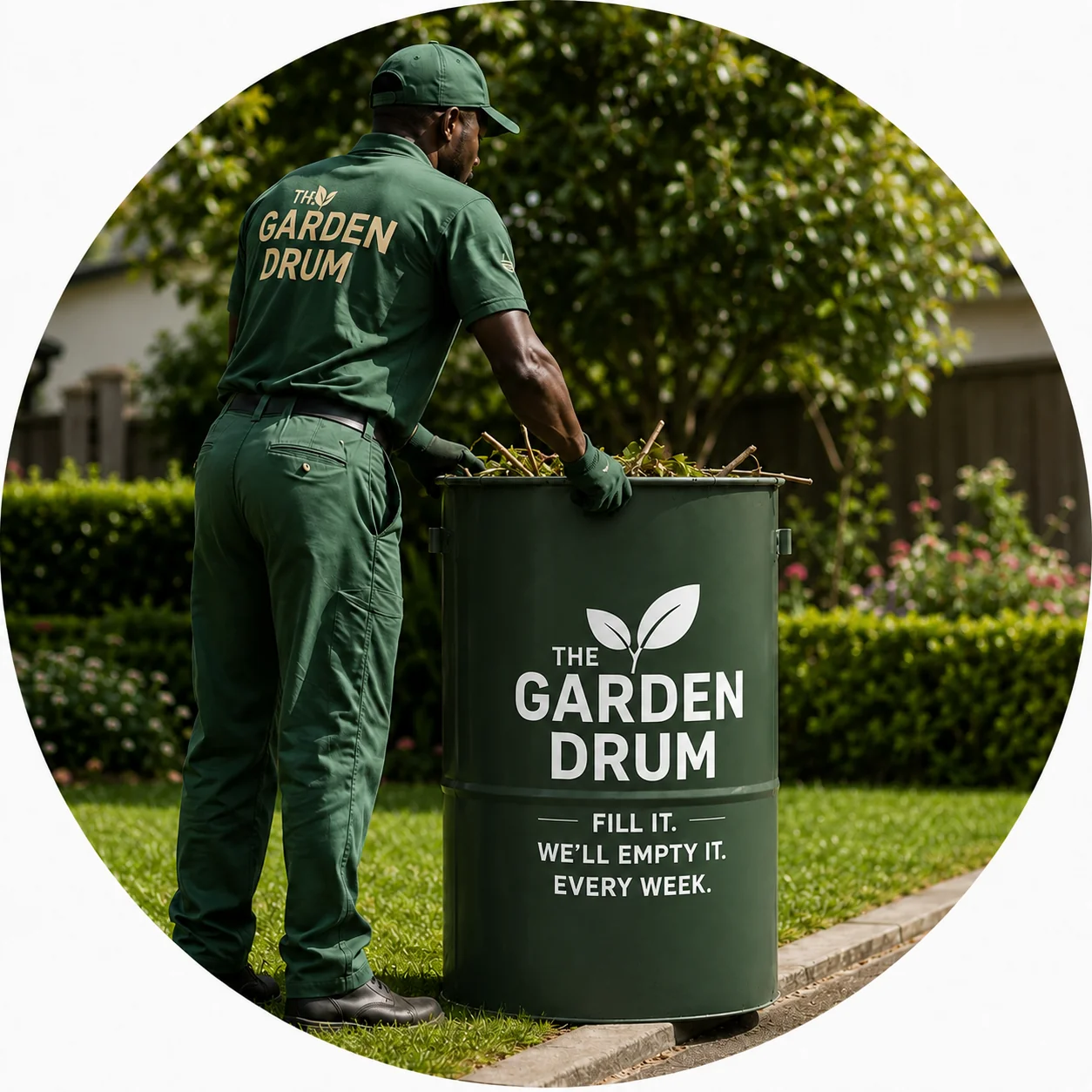The Garden Drum — a premium tan refuse drum with dark green logo, shown in a landscaped garden setting